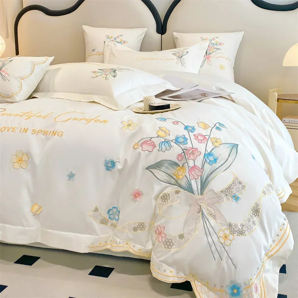 Afralia™ Butterfly Flowers Embroidery Cotton Bedding Set, 4pcs King Queen Size.