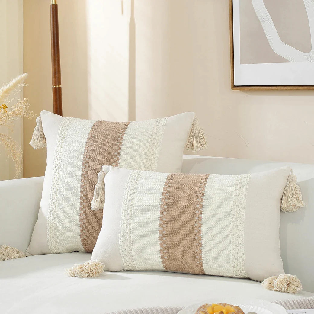Afralia™ Linen Stripe Diamond Woven Cushion Cover 45x45cm with Tassels