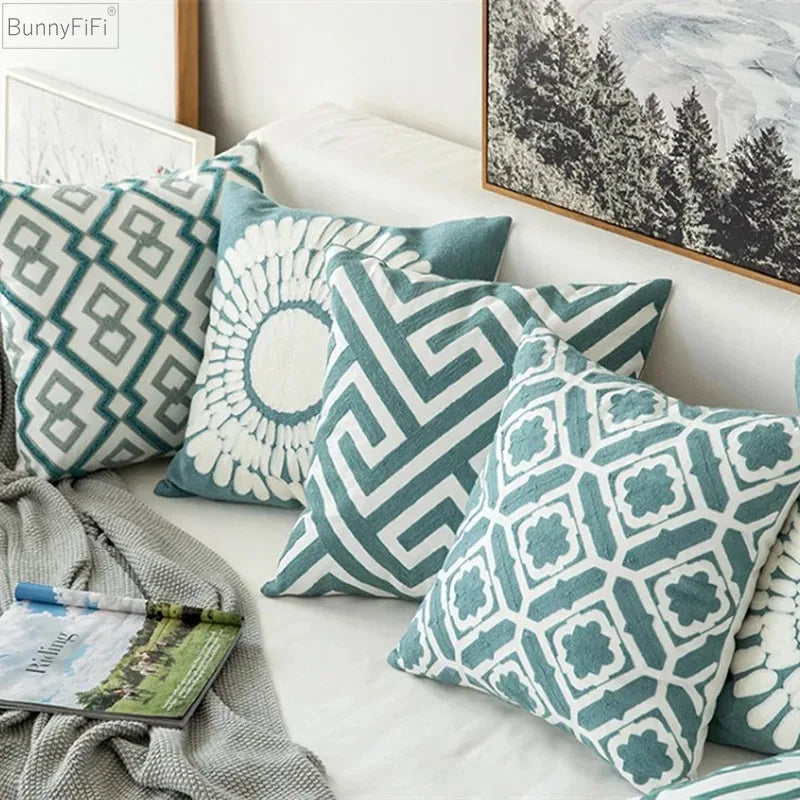 Afralia™ Embroidered Blue Cotton Canvas Cushion Cover for Home Decor