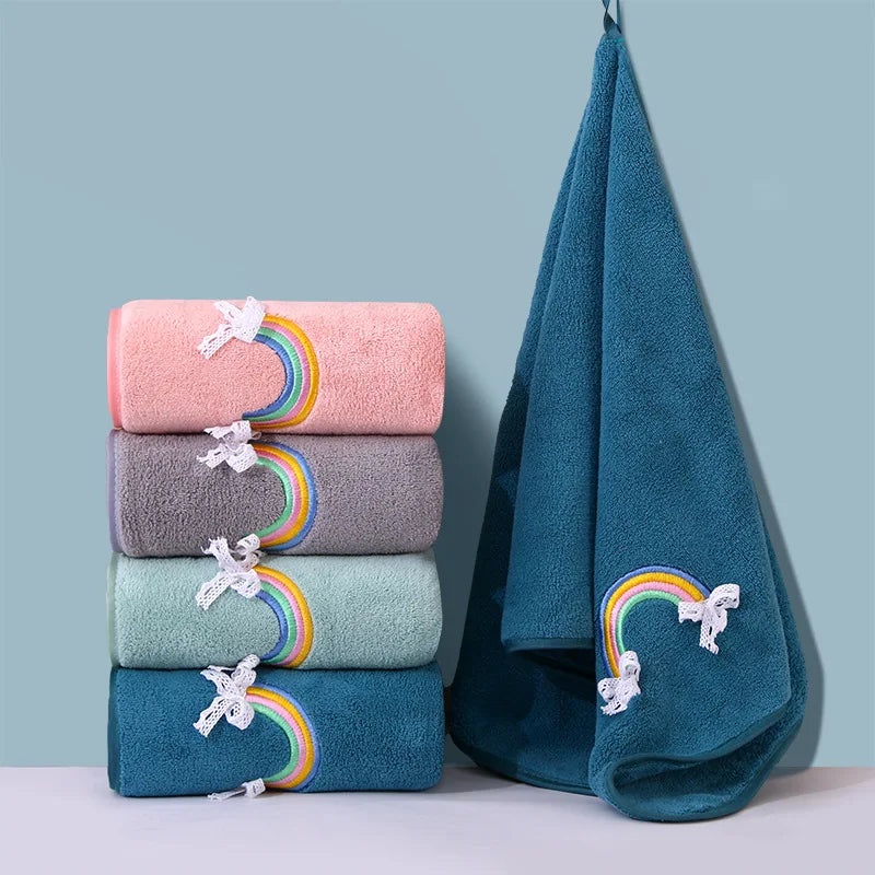 Afralia™ Rainbow Embroidery Coral Velvet Hand Towel for Baby Shower Bath