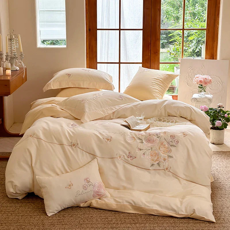 Afralia™ Rose Flowers Embroidery Cotton Bedding Set - Single Queen King Size