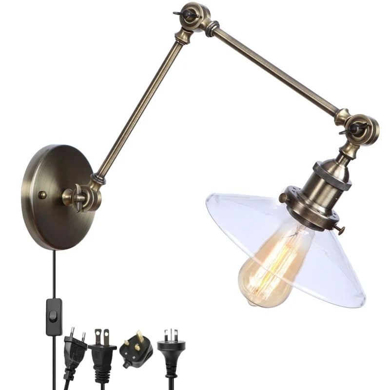 Afralia™ Vintage Industrial LED Wall Light with Clear Glass Shade & Adjustable Long Arm