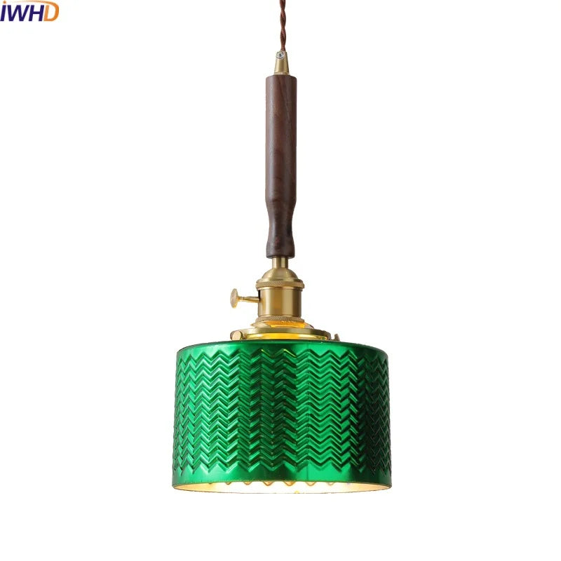 Afralia™ Green Glass LED Pendent Lamps, Walnut Copper Modern Hanging Light Fixtures