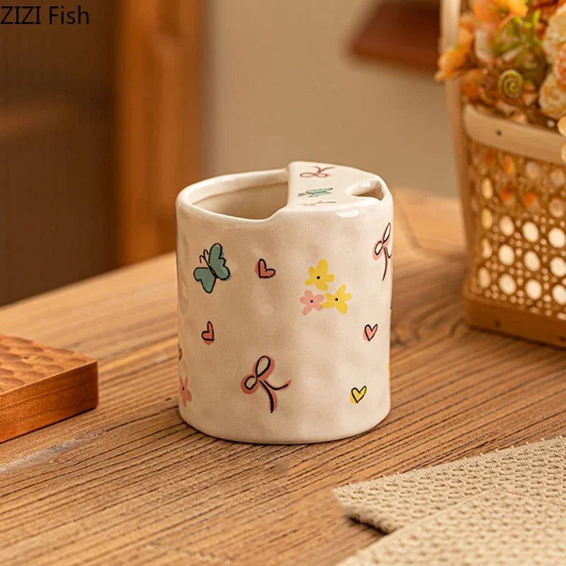 Afralia™ Bowknot Pattern Porcelain Coffee Mug, Cute Cartoon Design, Ideal for Tea and Juice.