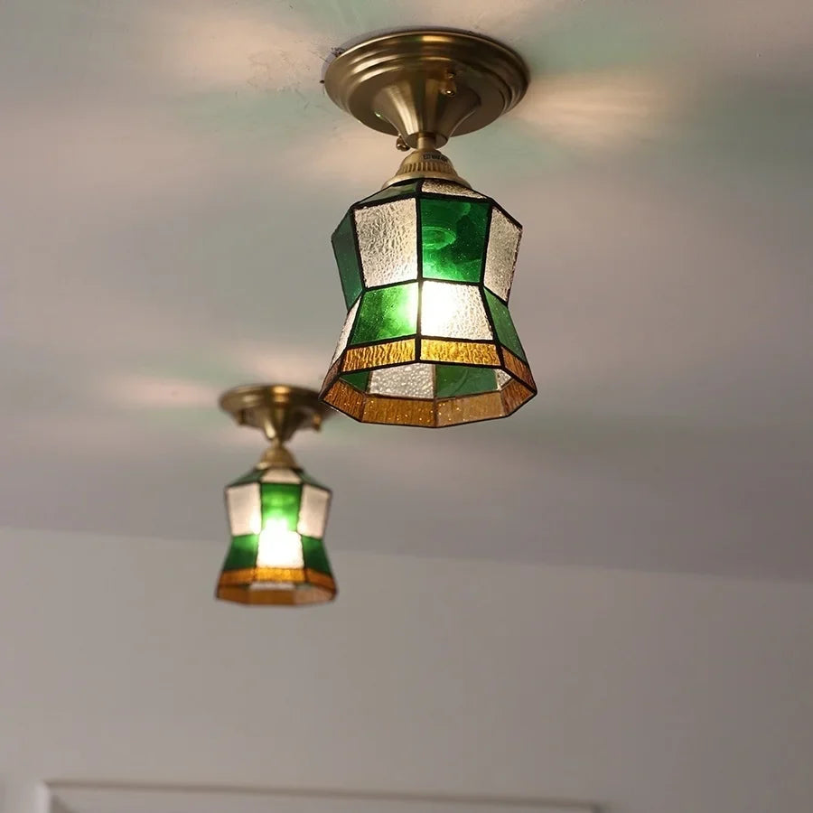 Afralia™ Handcrafted Glass Copper Canopy Ceiling Light Tiffany Style Glass Vintage Loft
