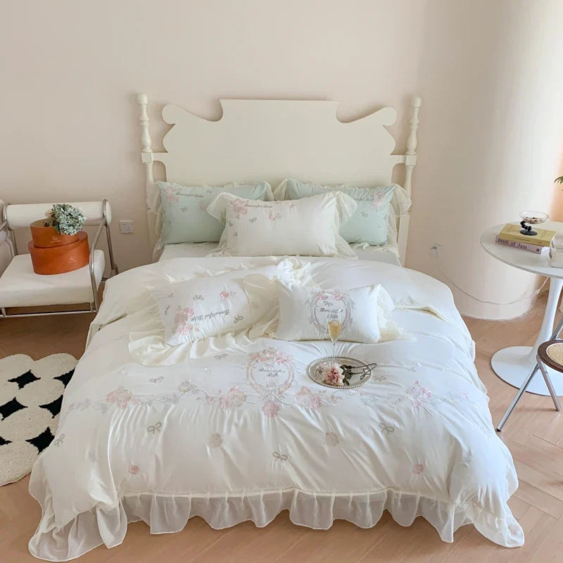 Afralia™ 4Pcs Flowers Embroidery Princess Queen Bedding Set with Lace Ruffles