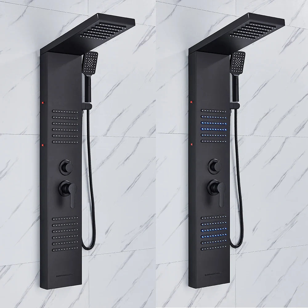 Afralia™ Matte Black LED Shower Panel with Waterfall Rain Shower and Massage Jets