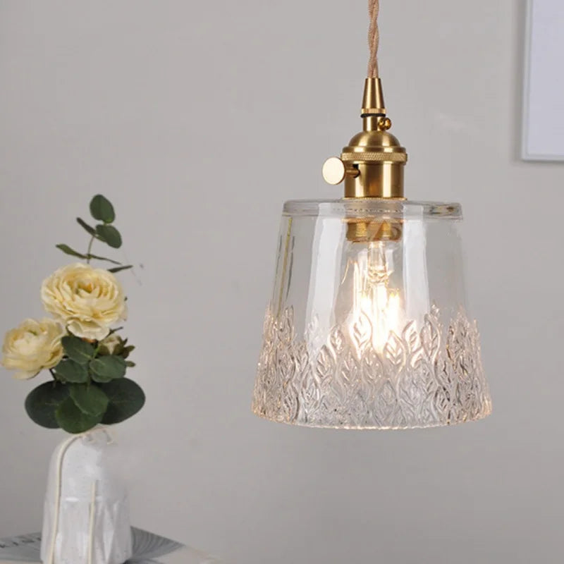 Afralia™ Clear Leaf Glass LED Pendant Copper Switch Kitchen Dining Room Light