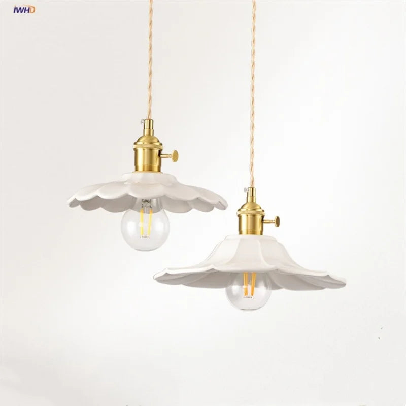 Afralia™ White Ceramic LED Pendant Lamp with Copper Knob Switch