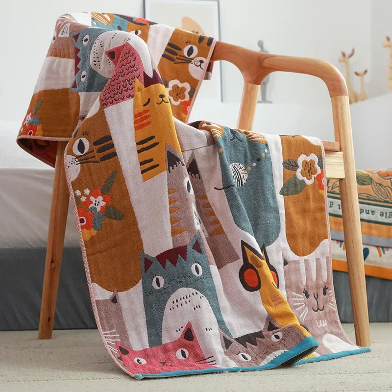 Afralia™ Kids' Cute Cats Cotton Gauze Bath Towel