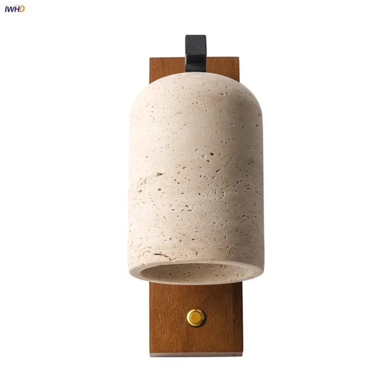 Afralia™ Wooden Canopy LED Wall Lights Modern Yellow Stone Bedside Lamp