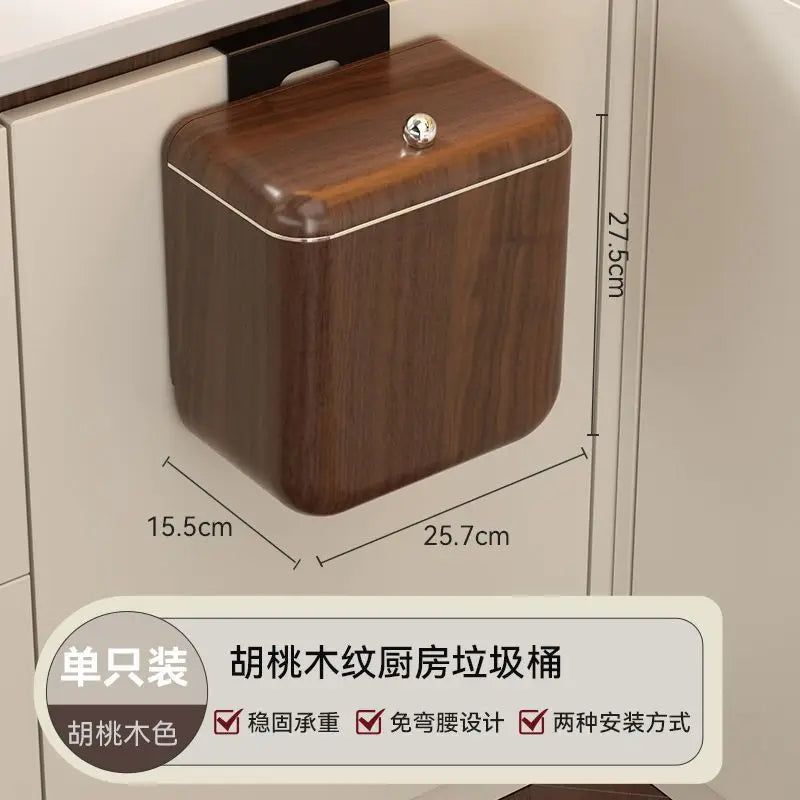 Afralia™ Antique Style Wood Grain Hanging Kitchen Trash Can with Lid
