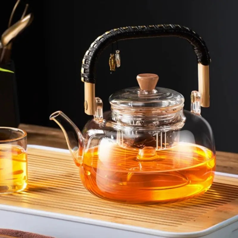 Afralia™ Glass Tea Pot With Weave Handle Heat-resistant Glass Teapot Transparent Steaming Tea Kettle