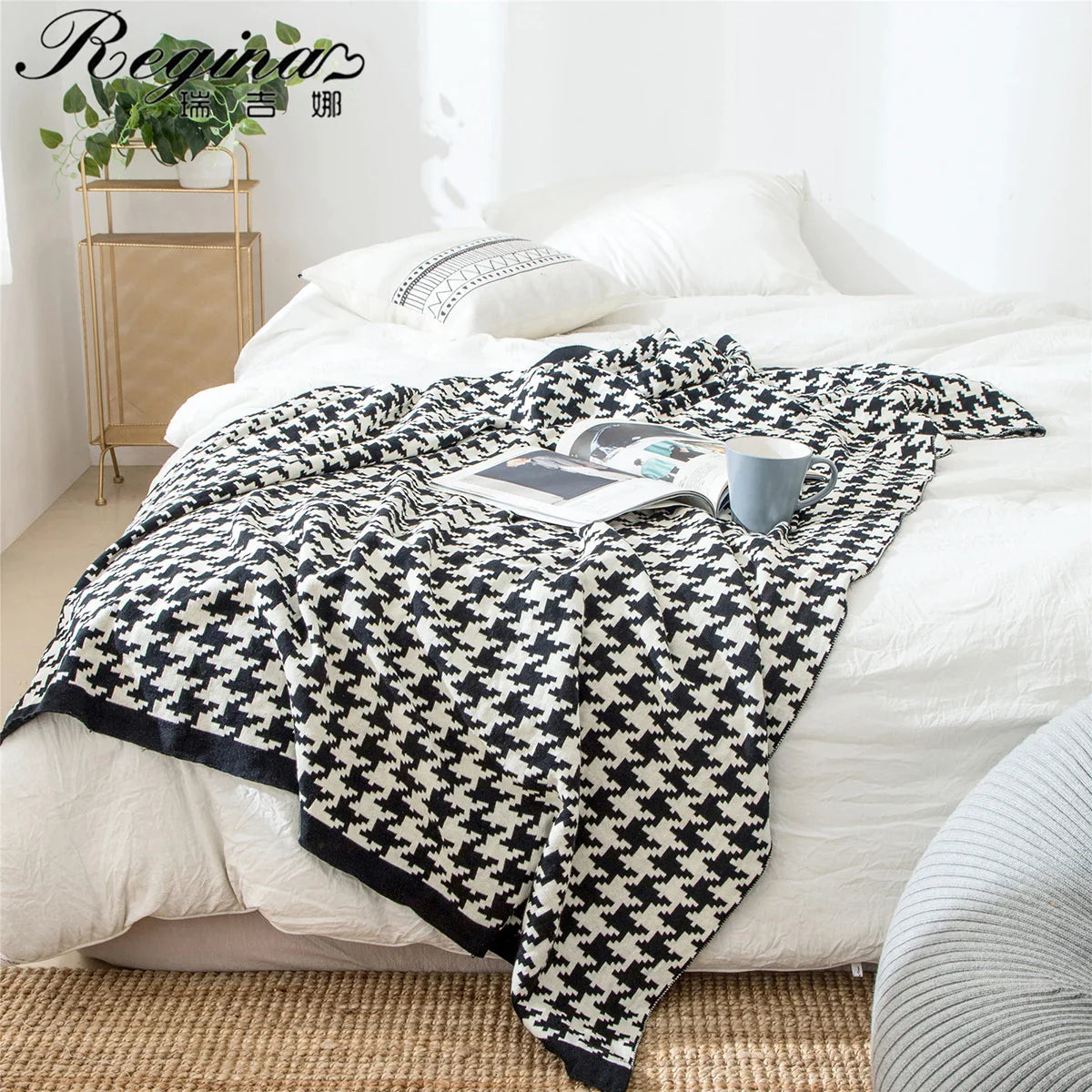 Afralia™ Classic Houndstooth Plaid Cotton Throw Blanket