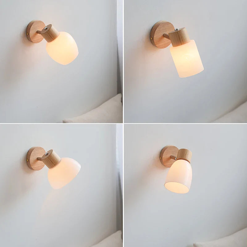 Afralia™ Wood Canopy LED Wall Sconce White Glass Nordic Modern Bedside Lamp