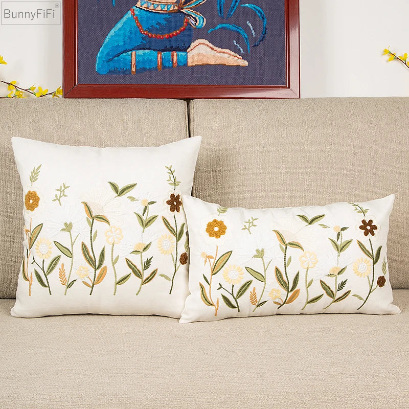 Afralia™ Floral Country Cushion Cover 45x45cm - Cotton Embroidery Square Pillow Cover