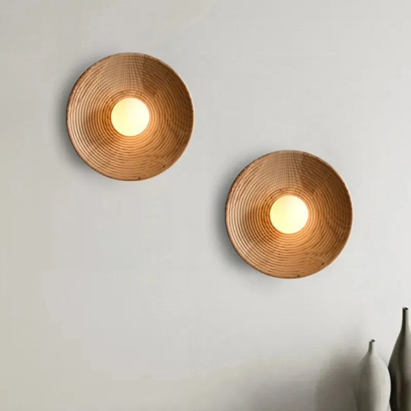 Walnut Circular LED Wall Lamp for Kitchen Bedroom, Afralia™ Vintage Wabi-sabi Light