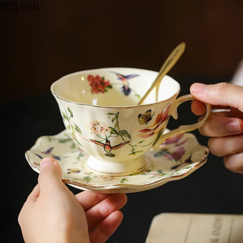 Afralia™ Ceramic Floral Bird Cup & Saucer Set for Dining Table and Coffee - 18 Word Limit