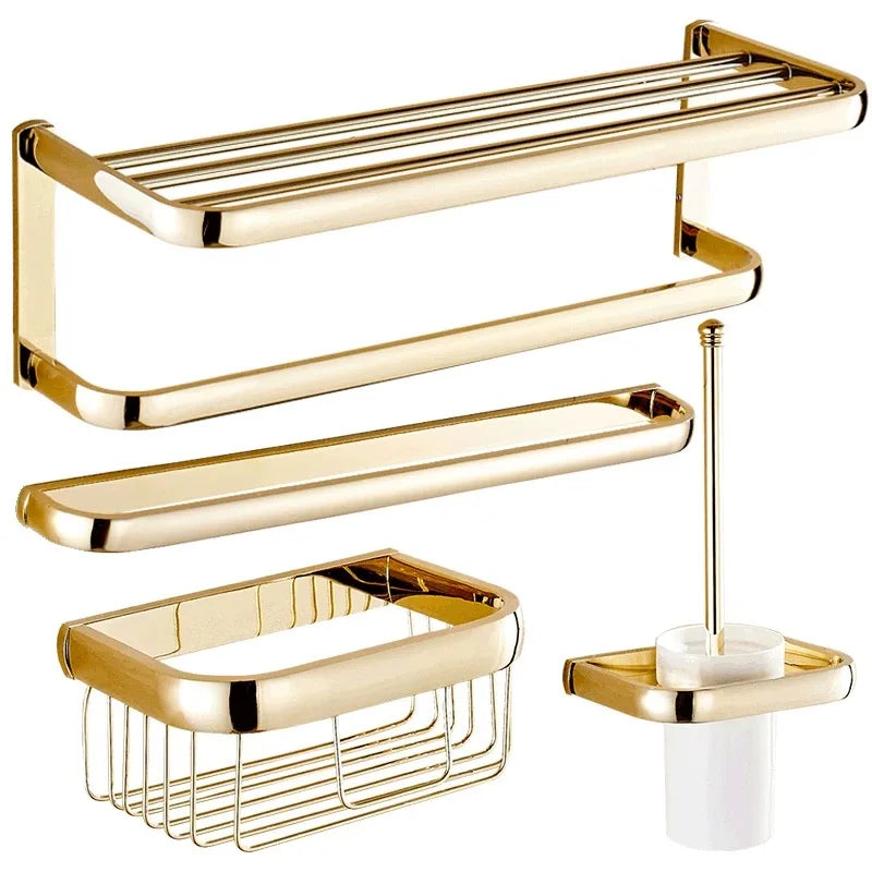 Afralia™ Gold Brass Bathroom Hardware Set: Paper Holder, Towel Bar, Soap Basket, Towel Rack