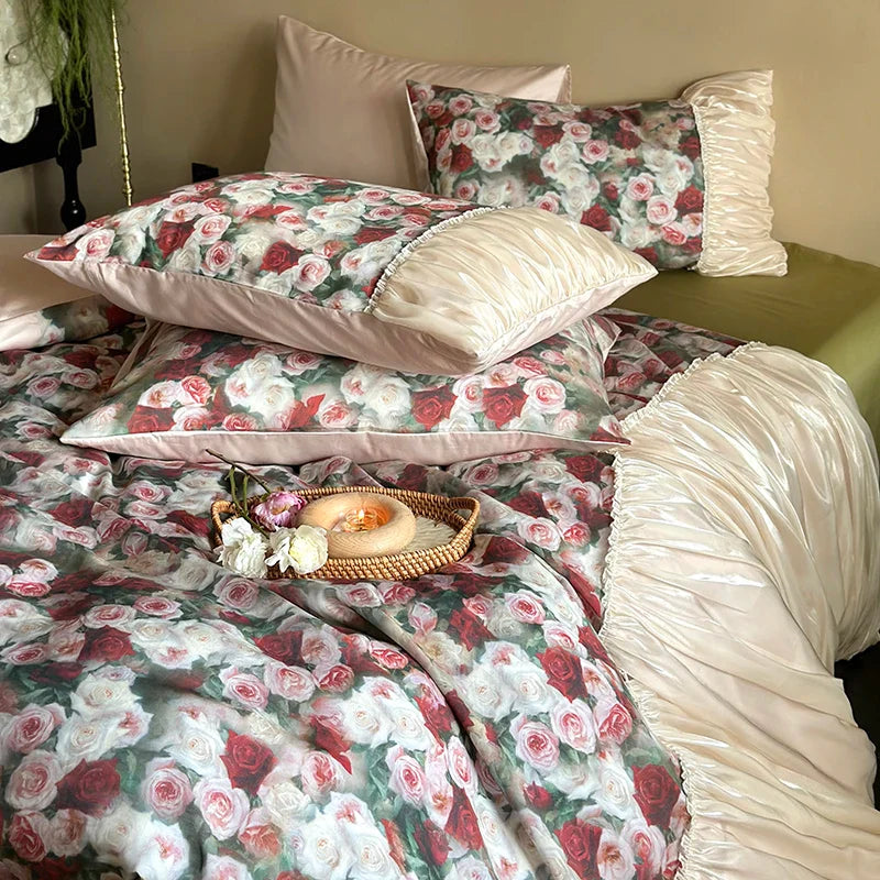 Afralia™ French Rustic Rose Flowers Duvet Set with Pleated Ruffles & Egyptian Cotton