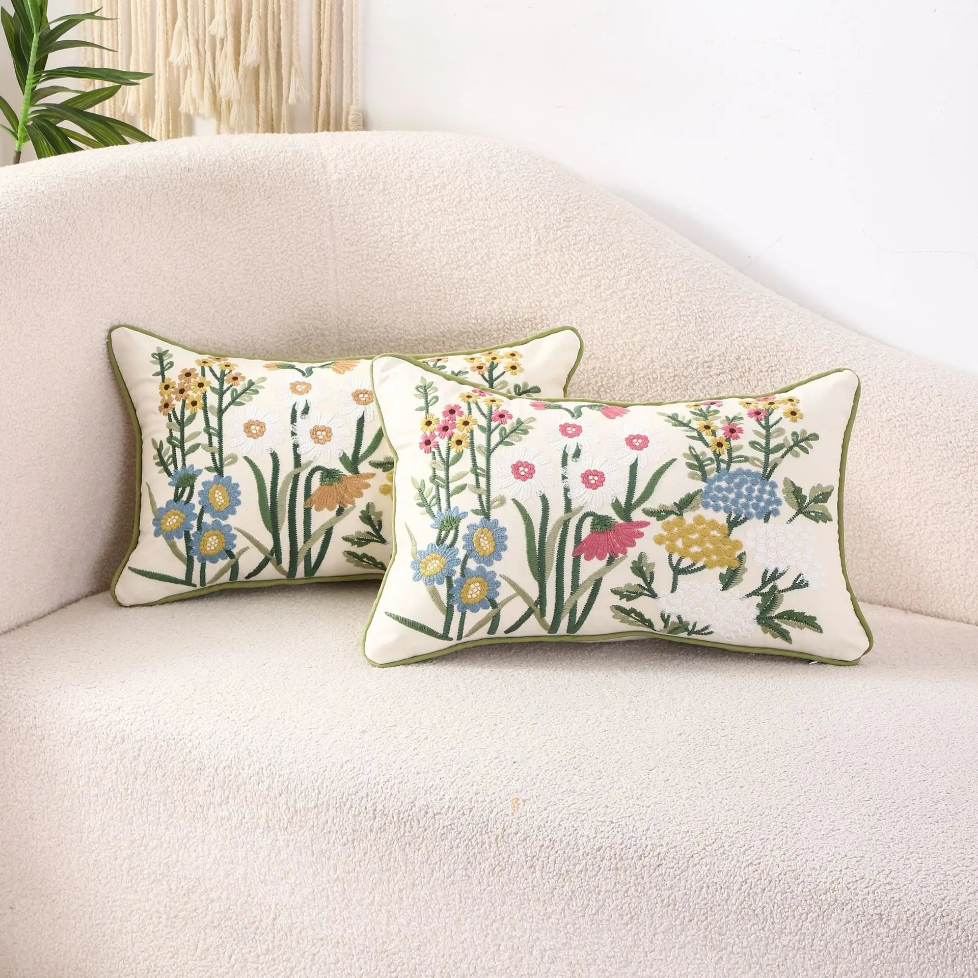 Afralia™ Floral Embroidered Cushion Cover 28x48cm Farmhouse Yellow Pink Flower Pillowcase Cotton