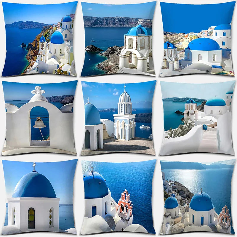 Afralia™ Santorini Series Pillowcase: Greece Inspired Square Cushion Cover for Home Sofa