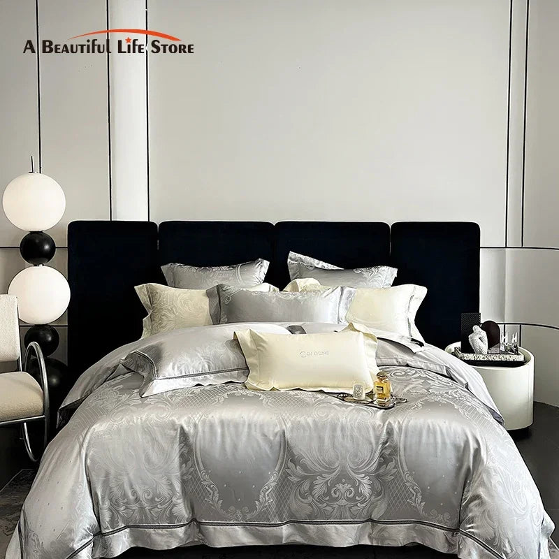 Afralia™ Brocade Satin Jacquard Egyptian Cotton Bedding Set, Luxury Silky Duvet Cover, Bed Sheet, Pillowcase