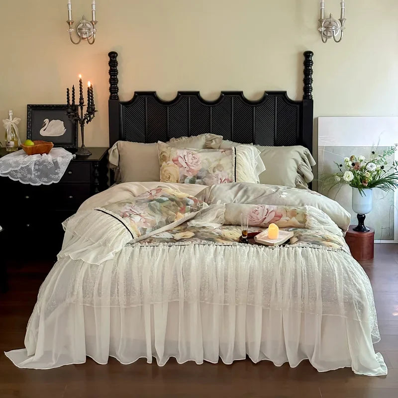 Afralia™ Double Lace Ruffles Egyptian Cotton Thickened Bedding Set - Duvet Covers, Sheet, Pillowcases
