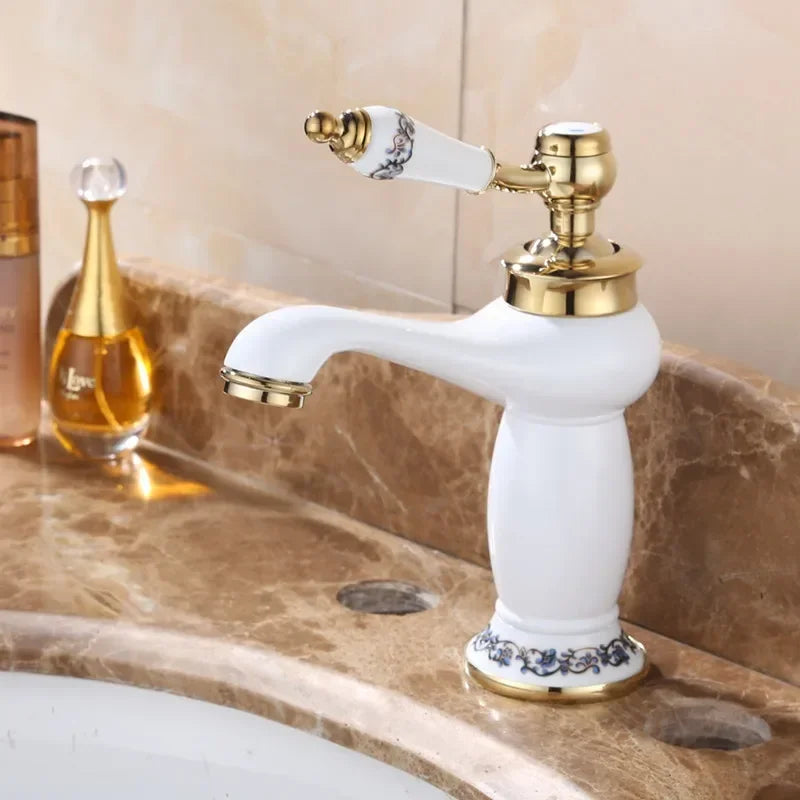 Afralia™ High Quality White Ceramic Basin Faucet with Golden Finish