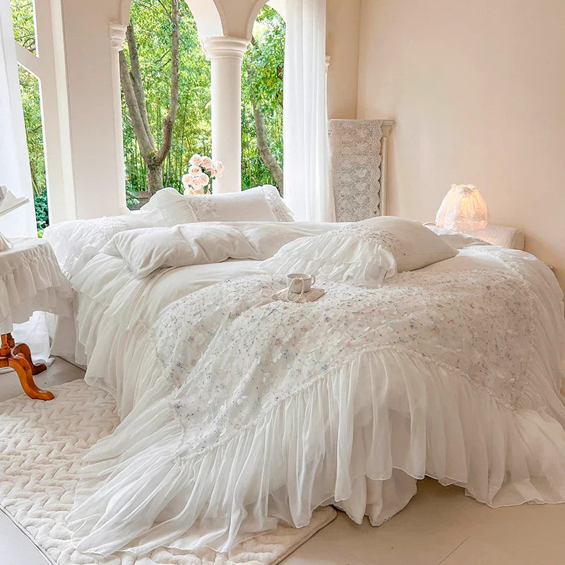 Afralia™ Floral Lace Ruffles Bedding Set: Duvet, Bedskirt, Bedspread, Sheet, Pillowcases