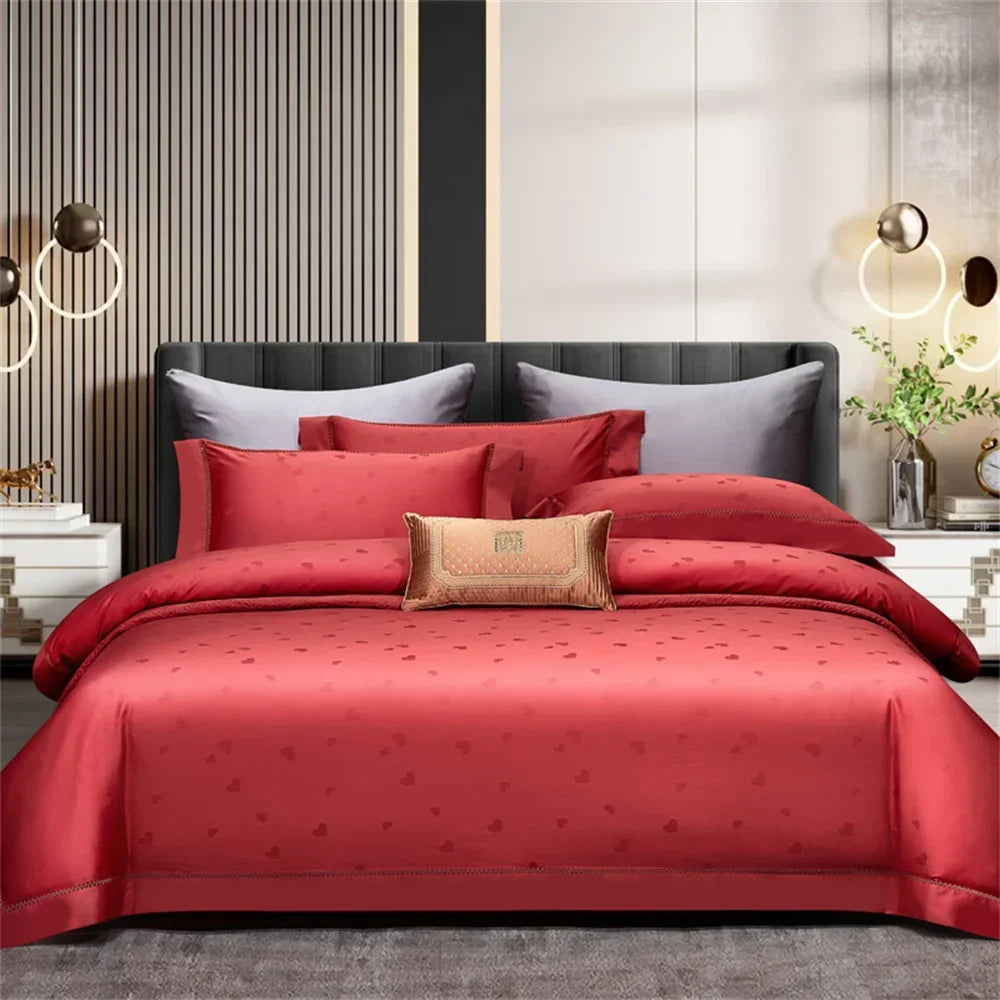 Afralia™ Luxury Nordic Red Egyptian Cotton Jacquard Embroidery Bedding Set