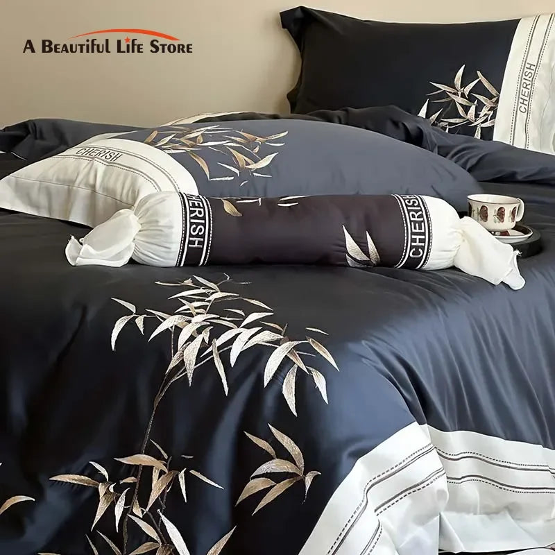 Afralia™ Bamboo Embroidery 1000TC Egyptian Cotton Bedding Set in Luxury Dark Blue