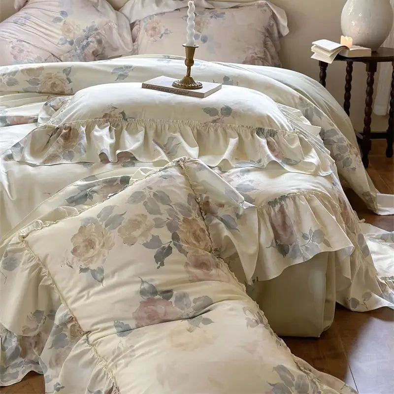Afralia™ French Rose Flowers Print Bedding Set, Elegant Ruffles Princess Collection