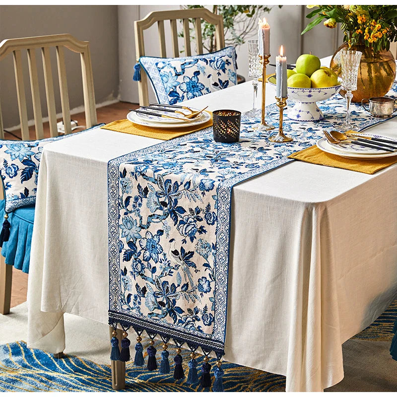 Afralia™ Blue White Porcelain Floral Table Runner Tassel Chinoiserie Vintage Style