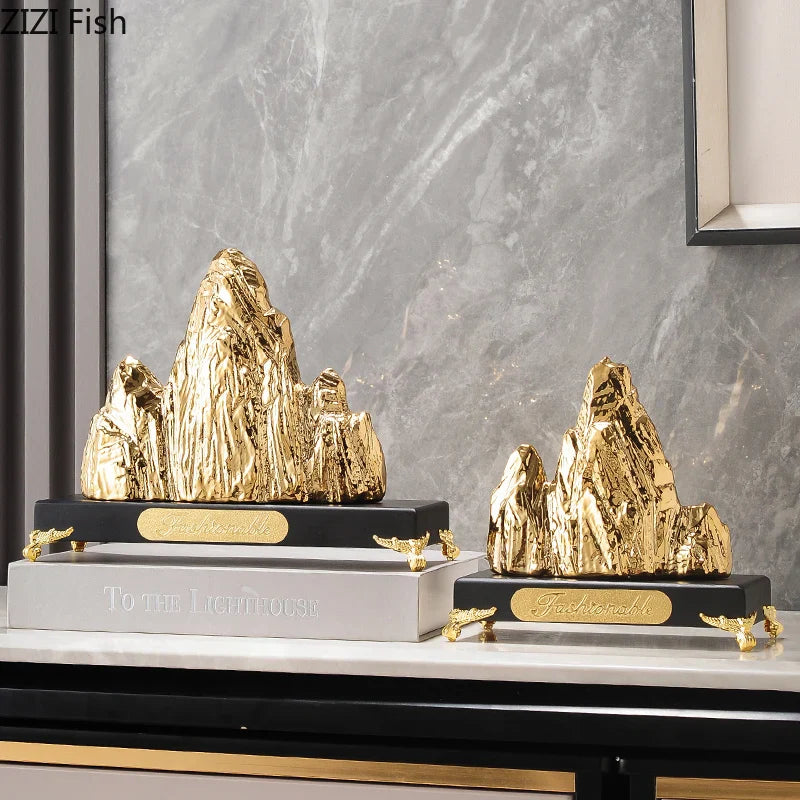 Afralia™ Ceramic Mountain Sculpture Decor - Golden/Silver Landscape Ornament