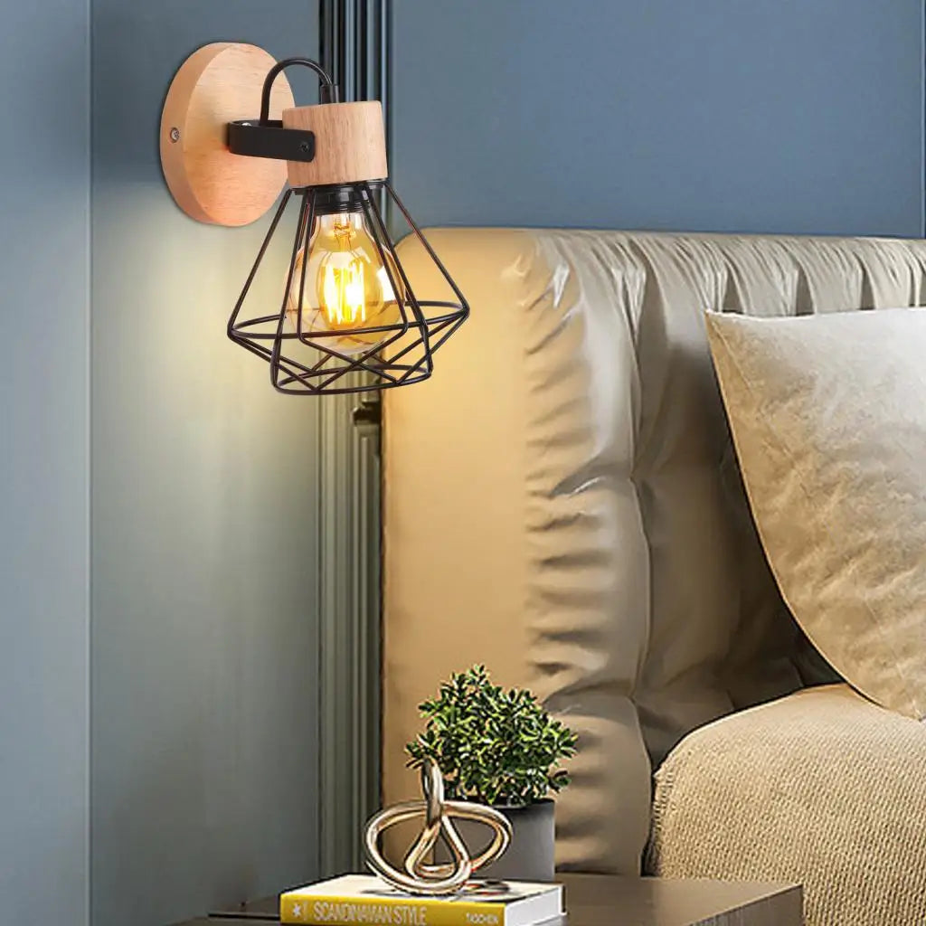 Afralia™ Vintage Iron Wood Wall Sconce Cage Guard Lighting Fixture for Indoor Walls