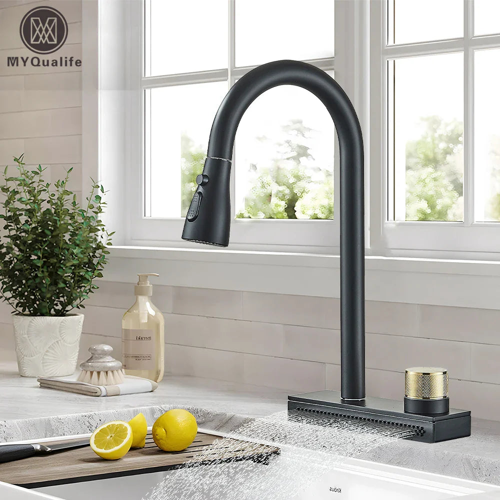 Afralia™ Black Kitchen Faucet 4 Function Brass Single Hole Mixer Deck Mounted