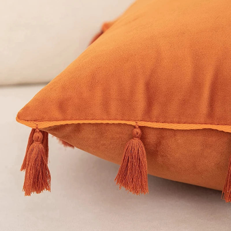 Afralia™ Boho Tassel Fringe Orange Pillow Covers Pack for Home Decor