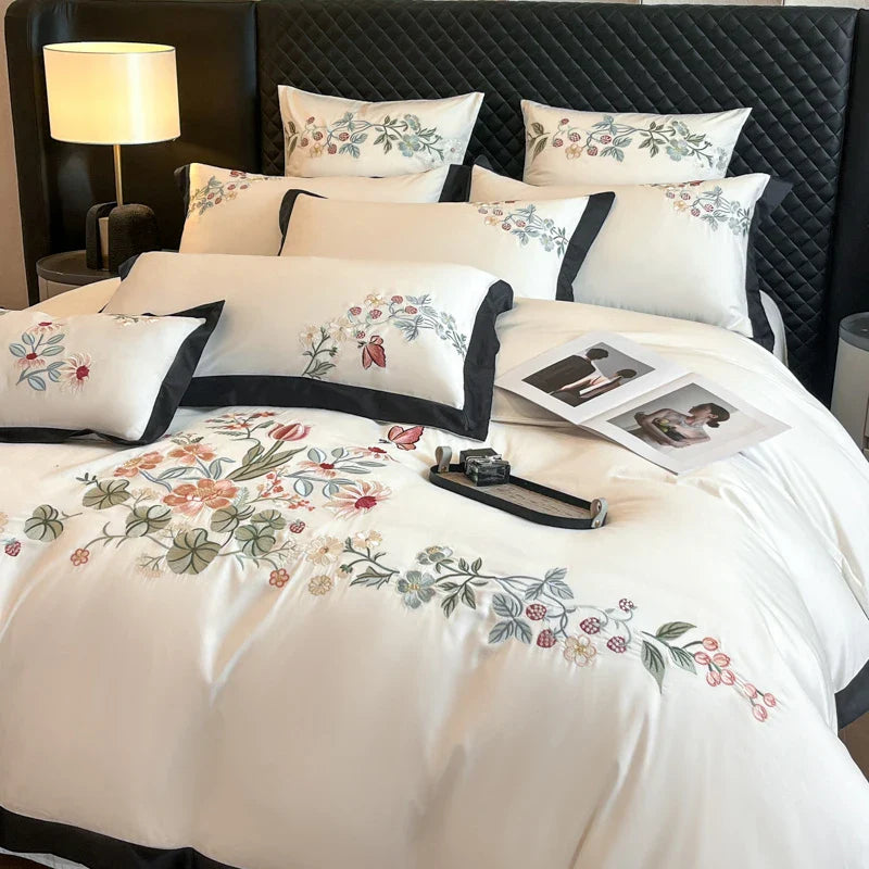 Luxury Flowers Embroidery Black Cotton Bedding Set by Afralia™ - 4Pcs