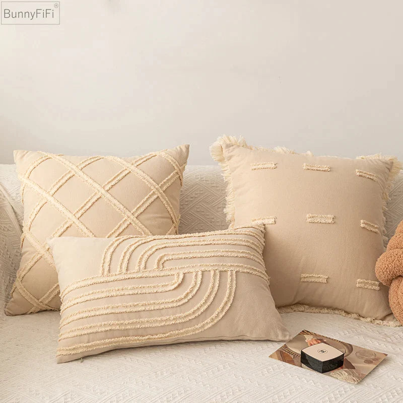 Afralia™ Tassel Accent Pillow Cover - Beige Cotton Linen for Home Sofa Living Room
