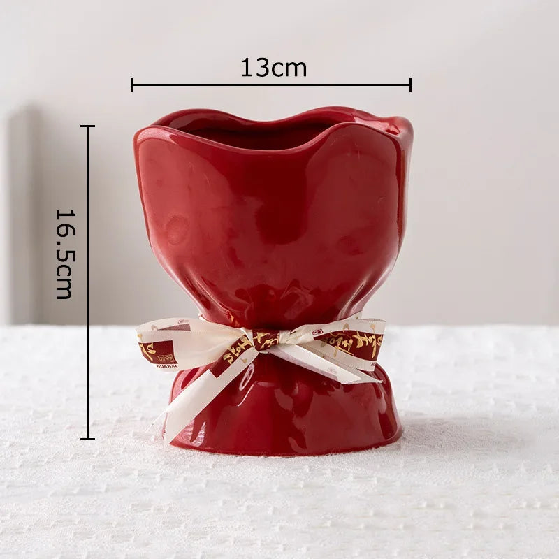 Afralia™ Lovely Ribbon Ceramic Vase Set for Cute Room Aesthetic Decor