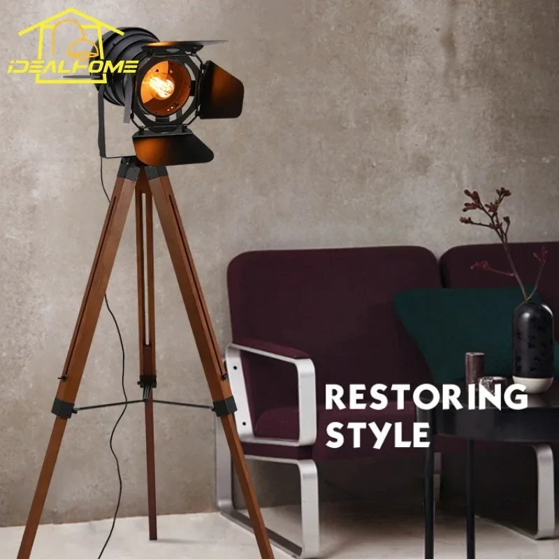 Afralia™ Vintage Industrial Wood Floor Lamp LED E27 Adjustable Exploration Standing Lamp