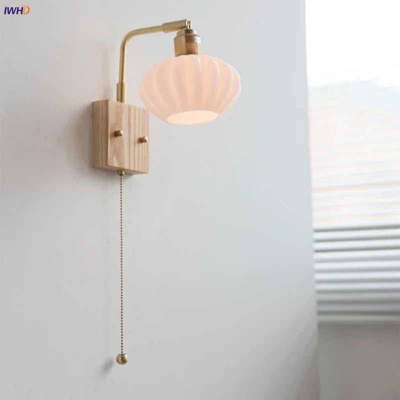 Afralia™ Ash Wood LED Wall Light Fixture with Pull Chain Switch, Modern Nordic Design
