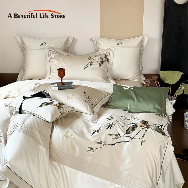Afralia™ Deluxe Lyocell Cotton Embroidery Bedding Set - Soft, Silky, Breathable Luxury Bed Set