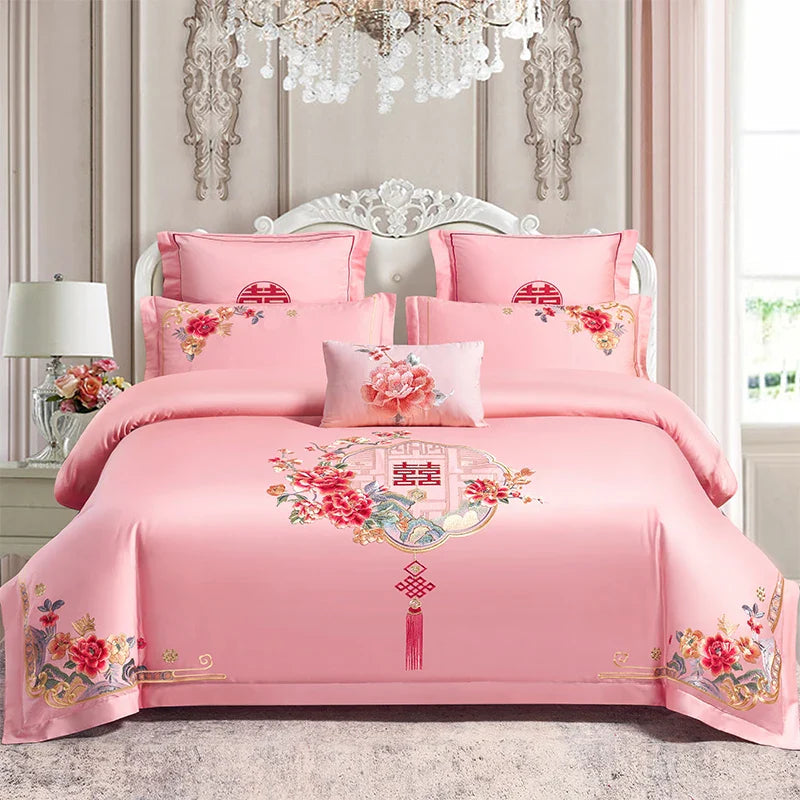 Afralia™ Red Luxury Chinese Wedding Embroidery 4Pcs 800TC Egyptian Cotton Bedding Set