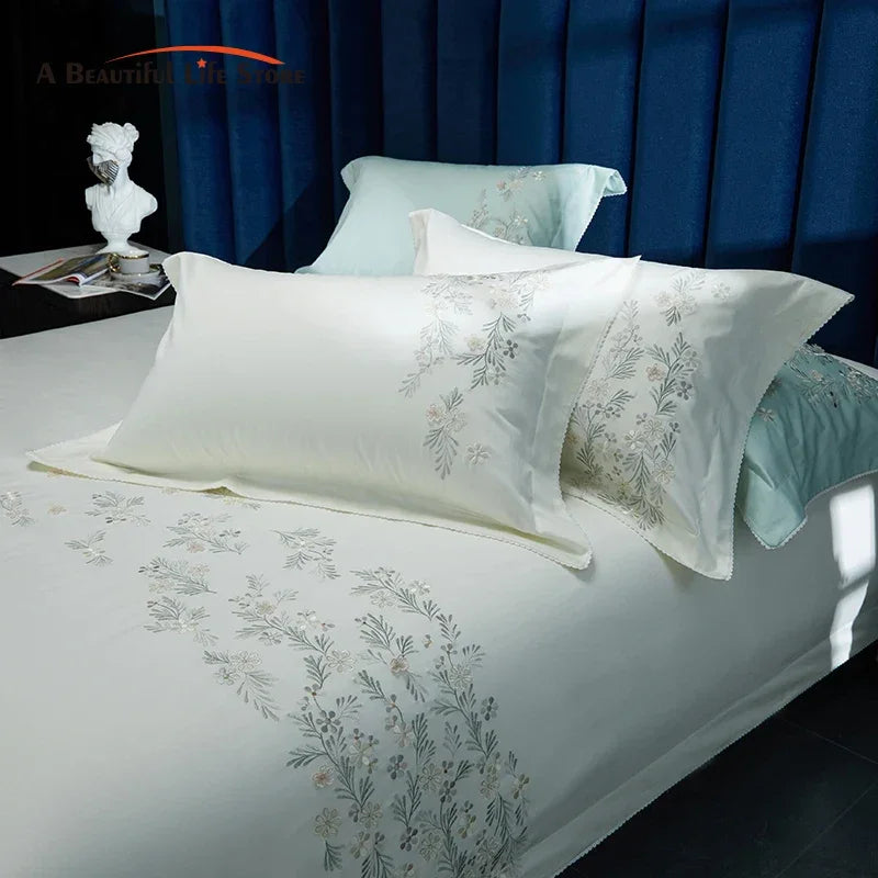 Afralia™ Luxury Floral Embroidered Bedding Set, Egyptian Cotton, Queen/King Sizes, Duvet Cover, Sheet, Pillowcases