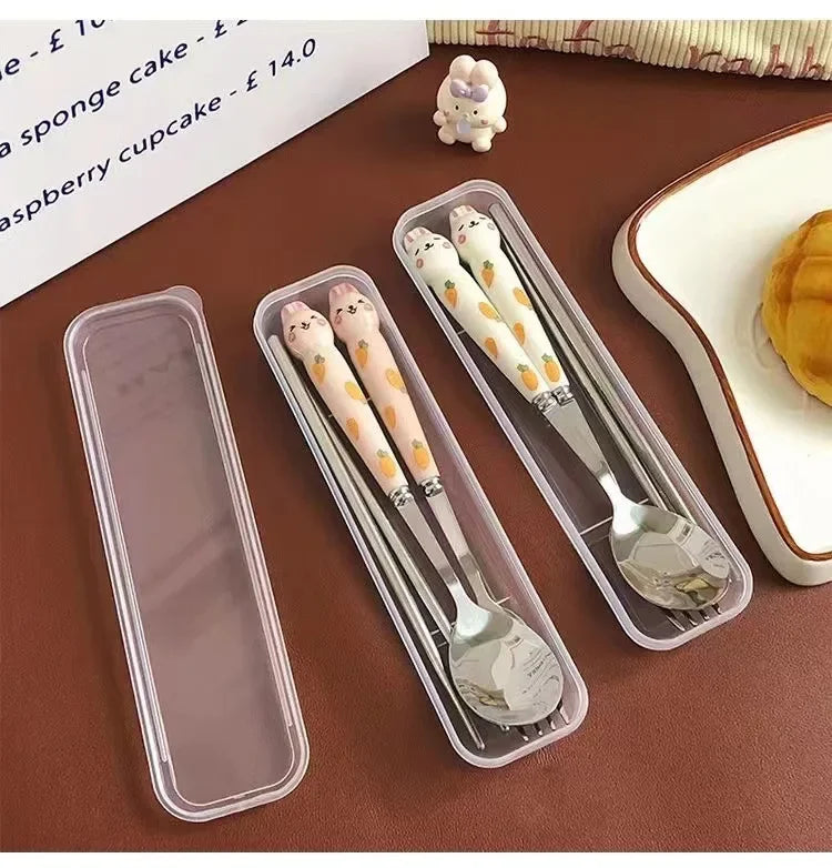 Afralia™ Rabbit Cutlery Set: Spoon, Fork, Chopsticks - Portable Stainless Steel Kitchen Dinnerware