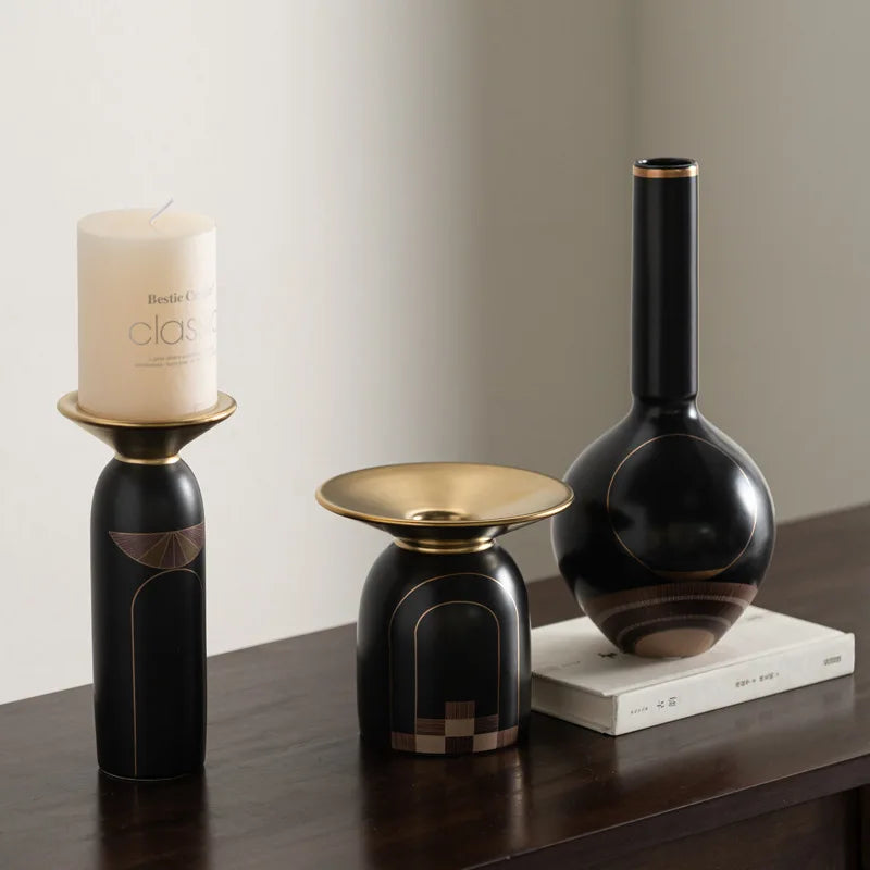 Afralia™ Golden Tray Vase Candlestick Set - Elegant Home Decor & Flower Arrangement Accessories