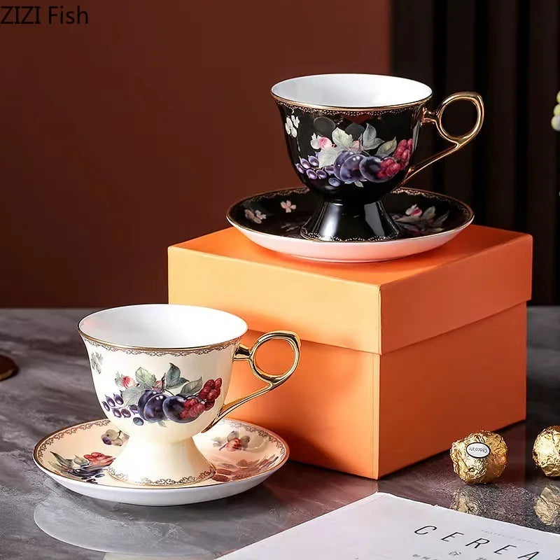 Afralia™ Fruits Pattern Ceramic Coffee Mug Set Gold-plated Tea Cup Saucer Dining Juice Container