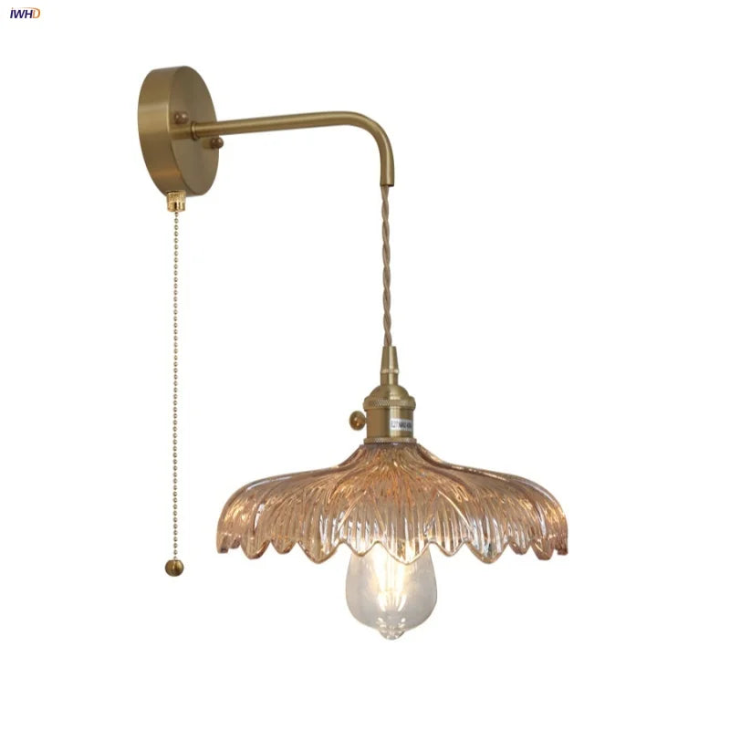 Afralia™ Amber Vintage LED Wall Light Glass Copper Pull Chain Switch for Bedroom